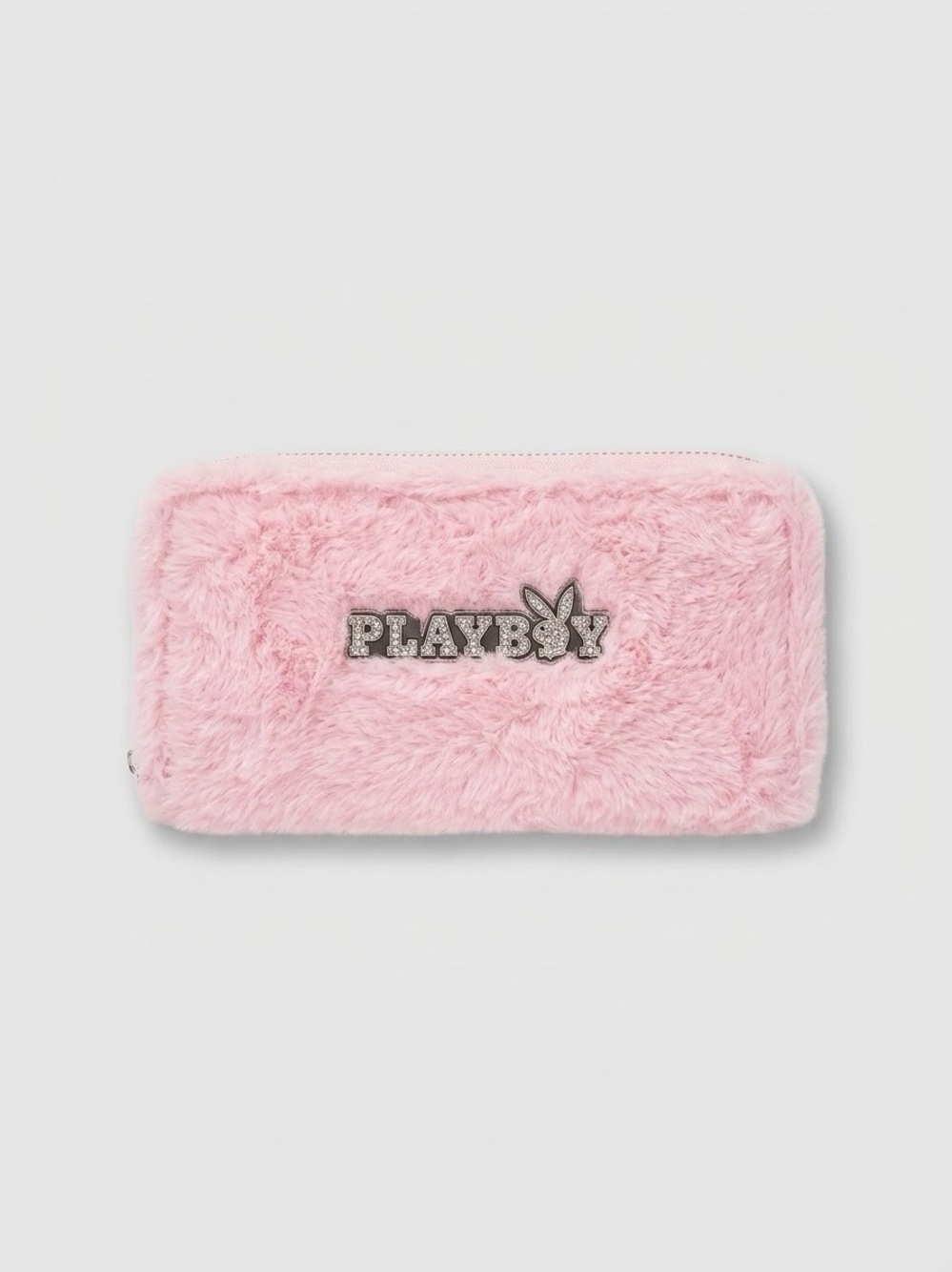 PLAYBOY Pink Fuzzy Zip Wallet with Rhinestone Logo